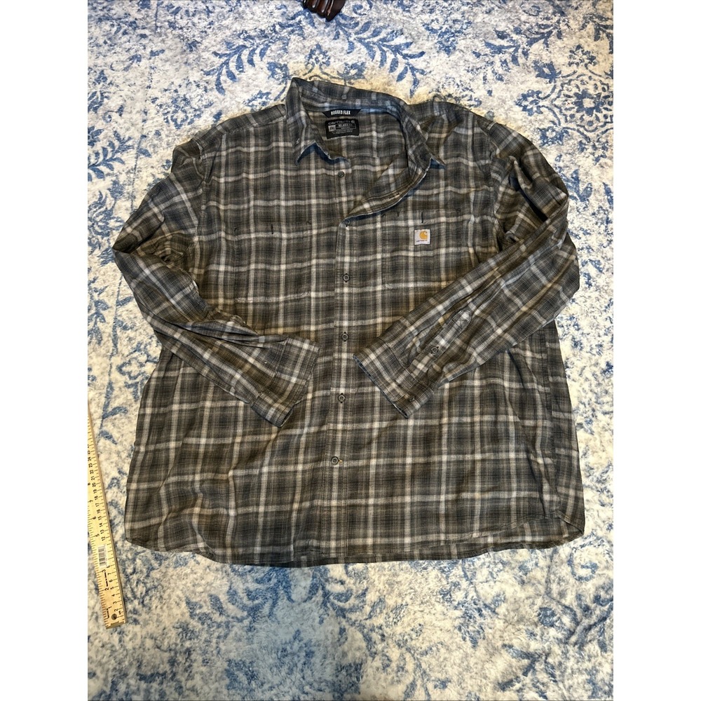 Carhartt Rugged Flex Relaxed Fit Button Down GrayPlaid Shirt Mens 2XL Pockets